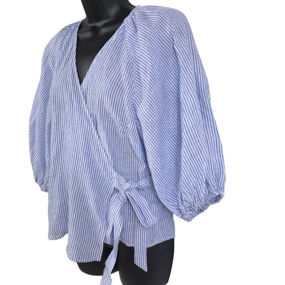 Jonathan Simkhai Puff Sleeve Linen Wrap Shirt Cove Stripe - Picture 4 of 9